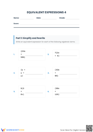 Printable Equivalent Expressions Worksheet | Grade 8-10 Math