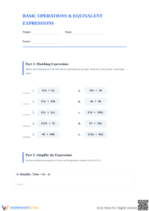 Essential Equivalent Expressions Worksheet | Grade 8 Math