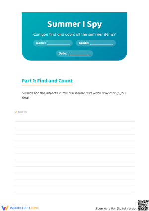 Printable Summer I Spy & Math Worksheet | Kindergarten