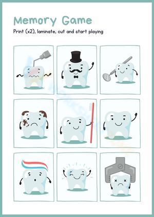 Blue Fun Teeth Memory Game Worksheet