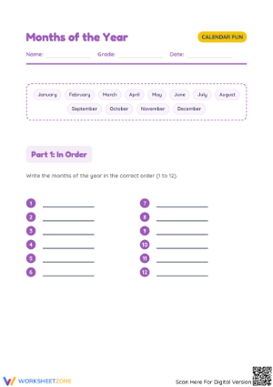 Grade 1 Months of the Year — Printable No-Prep Worksheet