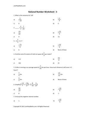 Rational Number Worksheet Grade 7