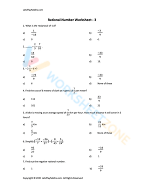Rational Number Worksheet Grade 7