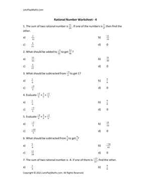 Rational Number Worksheet for Grade 7