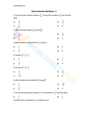 Rational Number Worksheet for Grade 7