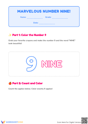 Learn Number 9 Worksheet | Essential Grade K-1 Printable