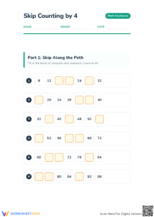 Essential Skip Counting by 4 Worksheet | Grade 3-5 Ready