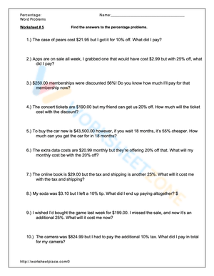 Percent Word Problems Worksheet