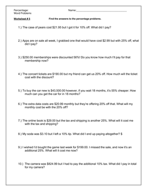 Percent Word Problems Worksheet