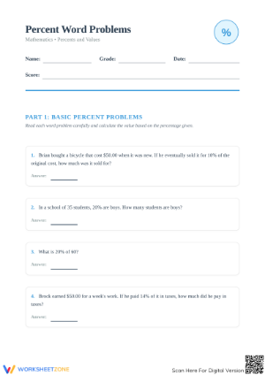 Essential Percent Word Problems Worksheet | Grade 5 Math