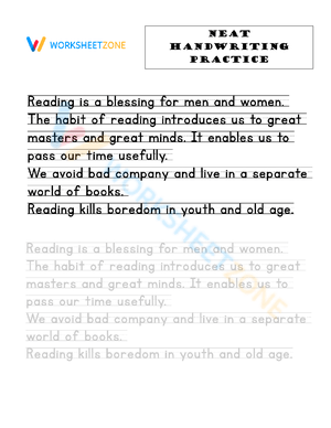 Neat Handwriting Practice Worksheet: Pleasures of Reading