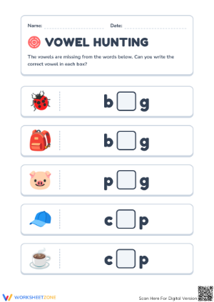 Grade 1 Missing Vowels — Printable No-Prep Worksheet