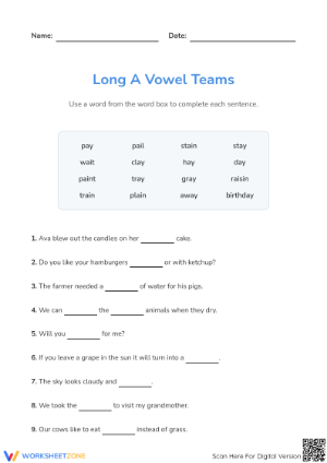 Essential Long A Vowel Teams Worksheet | Grades 3-5