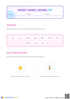 Essential Short Vowel U Phonics Worksheet | Grade 1-2
