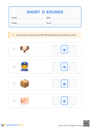 Printable Short O Vowel Sounds Worksheet | Grade 1-2