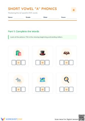 Essential Short Vowel A Phonics Worksheet | Grade 1-2