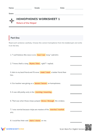 Printable Homophones Worksheet | Grade 4 Grammar