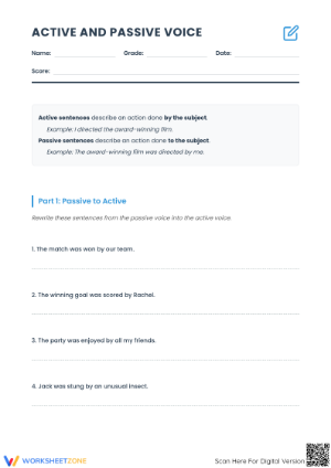 Printable Active and Passive Voice Worksheet | Grade 8 ELA