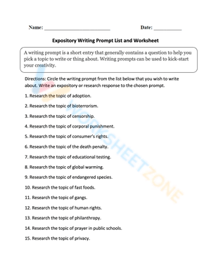 Expository Writing Prompt List and Worksheet