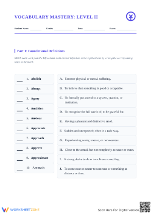 Essential Grade 6-9 Vocabulary Mastery Worksheet