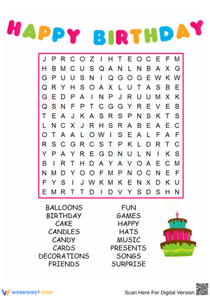 Happy Birthday Word Search Puzzle