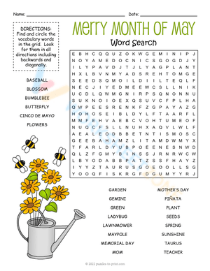 May Word Search Printable Worksheet