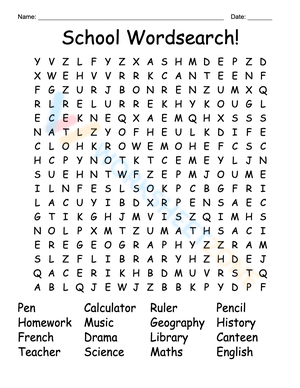School Word Search Fun Worksheet