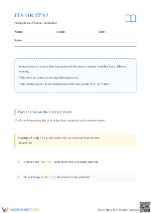 Its vs It's Worksheet | Grade 2 ELA Printable