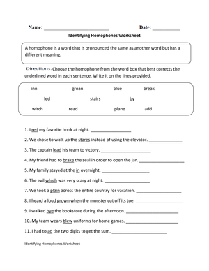 Printable Homophones Worksheet | Grade 4 Vocabulary