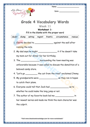 Grade 4 Vocabulary Builder Worksheet 1