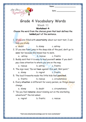 Grade 4 Vocabulary Booster Worksheet 4