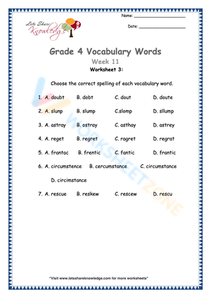 Grade 4 Vocabulary Builder Worksheet 3