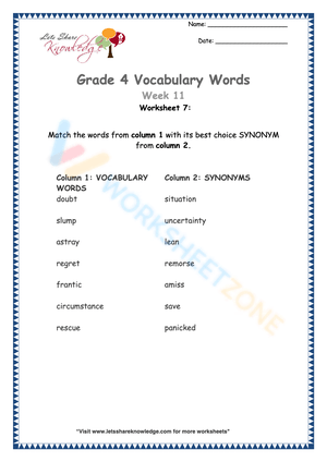 Grade 4 Vocabulary Builder Worksheet 7