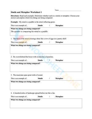 Figurative Language: Similes/Metaphors Worksheet 4