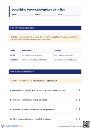 Metaphors and Similes Worksheet | Grade 7-9 Essential