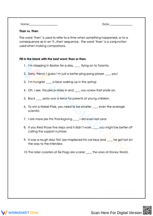 Understanding Than vs. Then Worksheet