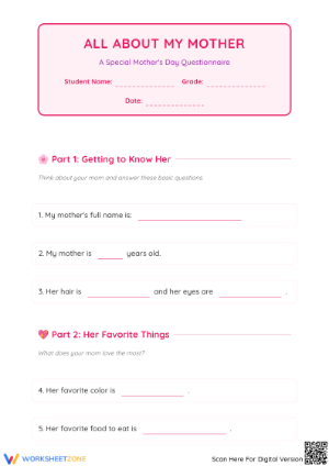 Mother's Day Questionnaire | Grade 3 Printable Worksheet