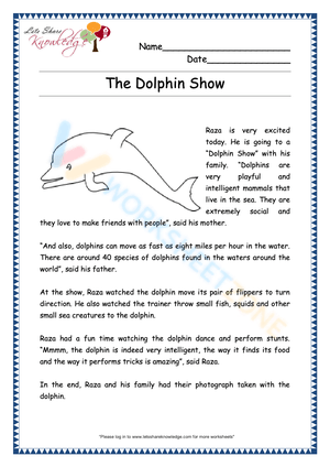 The Dolphin Show – Reading Comprehension Worksheet for Kids
