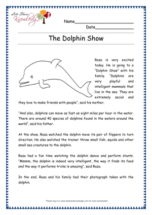 The Dolphin Show – Reading Comprehension Worksheet for Kids