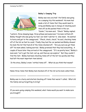 Bobby's Camping Trip Reading Comprehension Worksheet