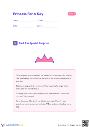 Grade 2 Reading Comprehension: Princess For A Day Printable
