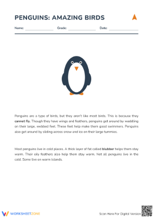 Grade 2 Penguin Reading — Printable No-Prep Worksheet