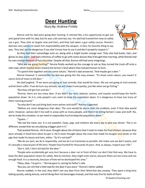 7th Grade Reading | Printable Deer Hunting Story