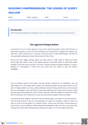 Grade 7 Sleepy Hollow Reading — Printable Worksheet