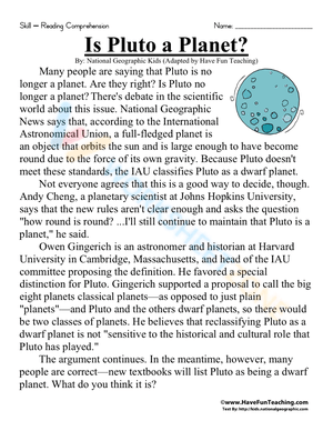 Pluto as a Planet - Reading Comprehension Worksheet