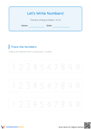Printable Number Tracing 1-10 Worksheet | Kindergarten