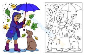 Kid and his pet under the falling leaves