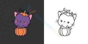 Kawaii Halloween Cat Coloring Page