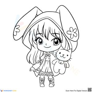 Bunny Girl Coloring Page with Cute Cat