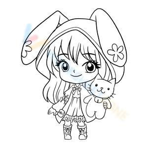 Bunny Girl Coloring Page with Cute Cat